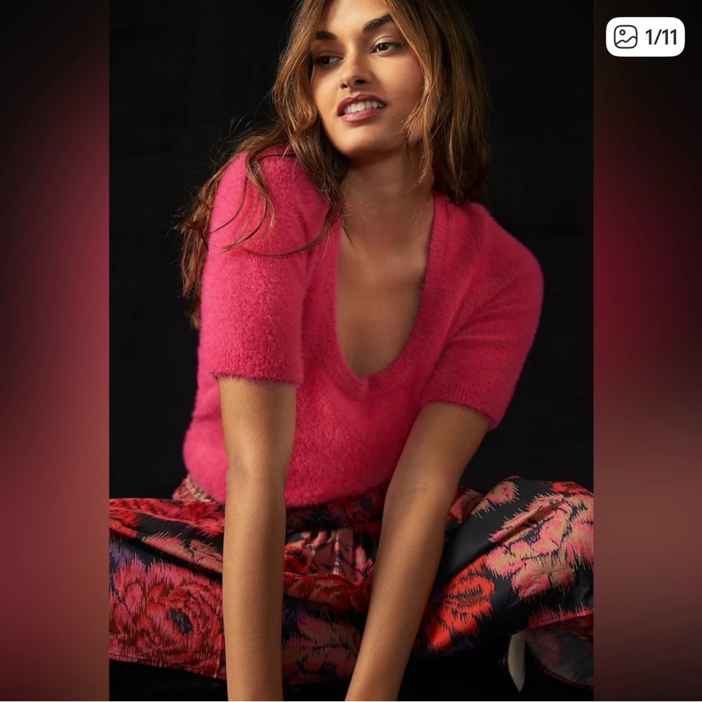 Anthropologie Maeve Fuzzy Hot Pink Short Sleeve Sweater